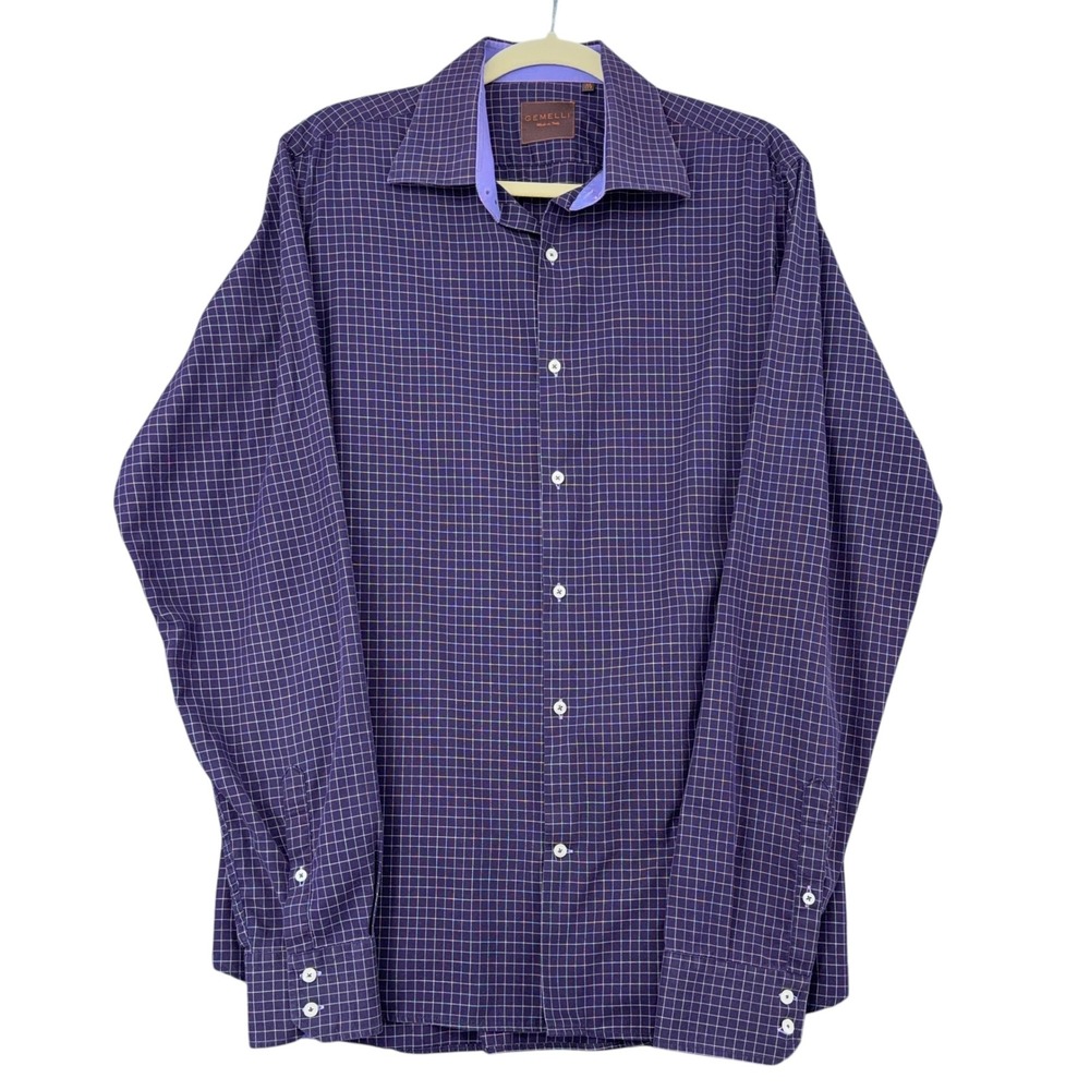 GEMELLI Mens Purple Gingham Dress Shirt‎ Made in Italy Long Sleeve Button Up